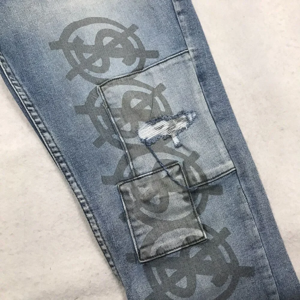 KSUBI Van Winkle Dollar Print Jeans Men 33x32 Light Wash Distressed Stretch Slim